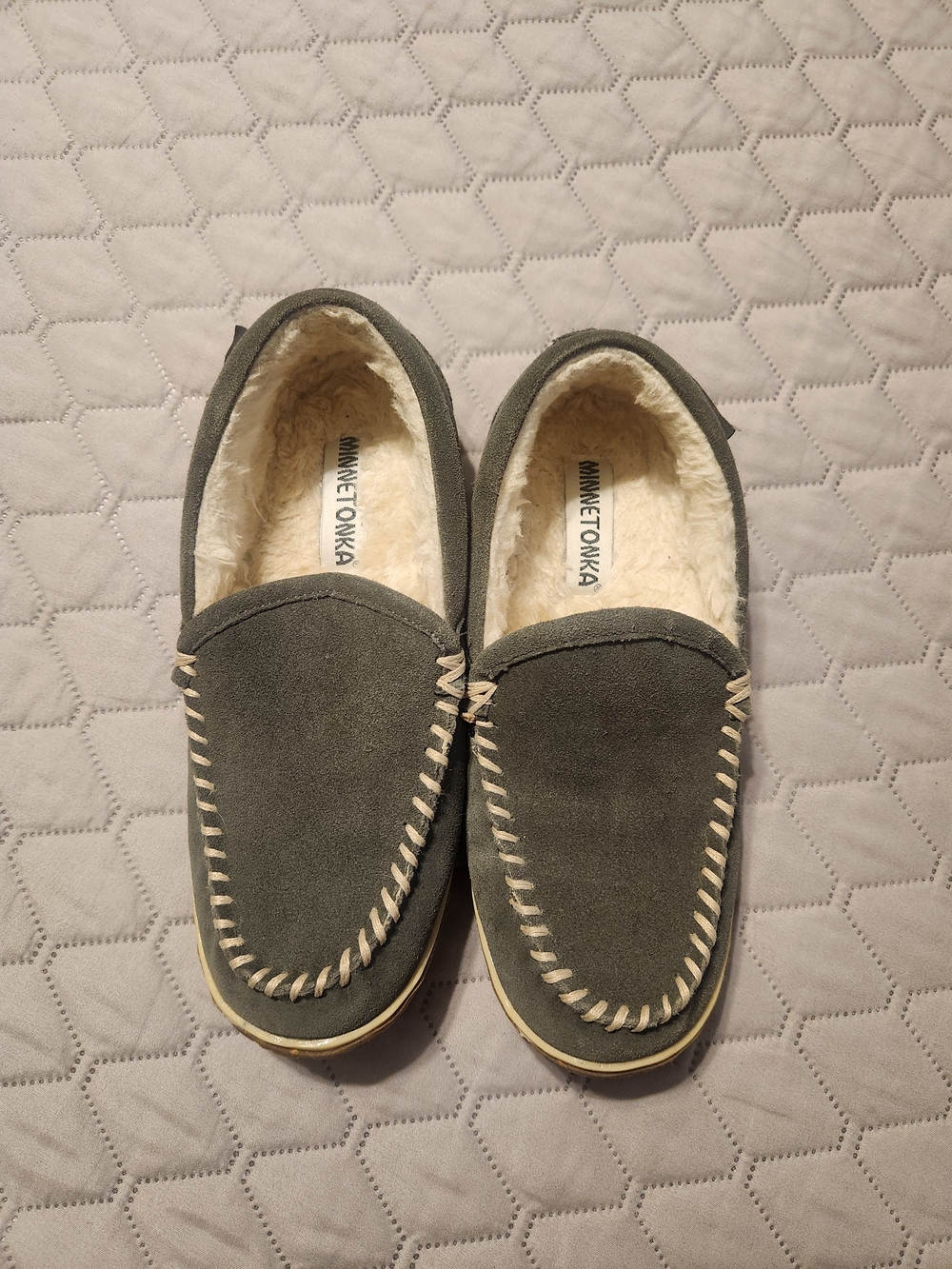 Minnetonka Gray Suede Moccasin Slippers